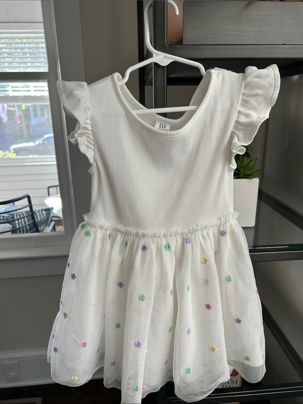GAP White Flutter-Sleeve Tulle Dress with Pastel Flower Dots